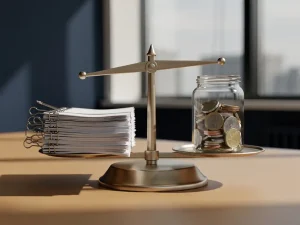 Balansweegschaal op modern bureau met arbeidscontracten en glazen pot met euromunten, symboliseert loononderhandeling.