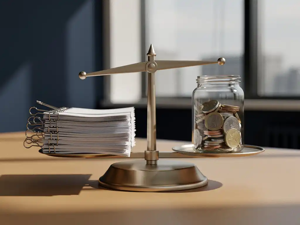 Balansweegschaal op modern bureau met arbeidscontracten en glazen pot met euromunten, symboliseert loononderhandeling.