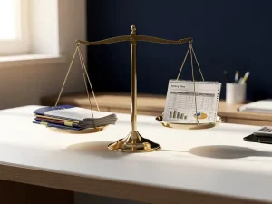 Messing weegschaal op modern bureau met EU-documenten en salarisrapport, symboliseert balans tussen regelgeving en beloning.