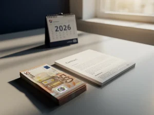 Euro bankbiljet op kantoorbureau naast arbeidscontract, met kalender 2026 op de achtergrond, warm natuurlijk licht.