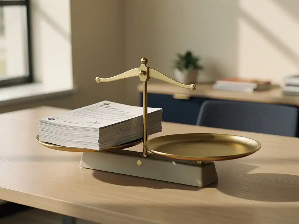Goudkleurige balansschaal op modern bureau met arbeidscontracten, symbool voor gelijke beloning, zacht natuurlijk licht.