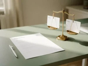 HR-bureau met arbeidsovereenkomst, pen en kleine weegschaal met salariskaarten die loonkloof symboliseren, in warm kantoorlicht.