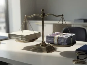 Vintage weegschaal op kantoorbureau met personeelsdossiers en eurobiljetten, symboliseert eerlijke beloning en arbeidsvoorwaarden.