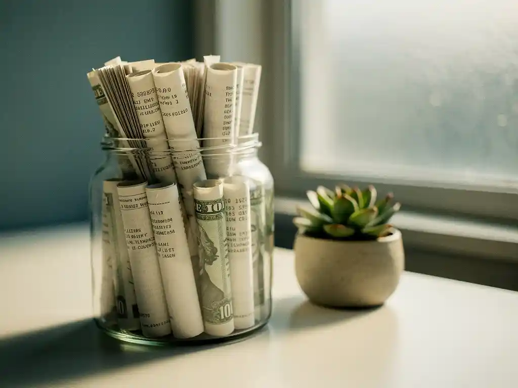 Glazen pot gevuld met opgerolde loonstrookjes op modern bureau naast een vetplant, warm natuurlijk licht.