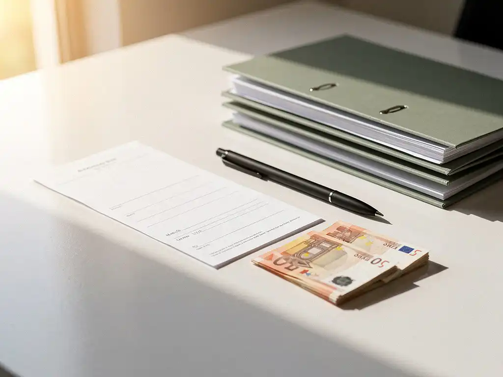 Loonstrook met eurobiljetten op een modern bureau naast personeelsmappen en een pen, warm natuurlijk licht.