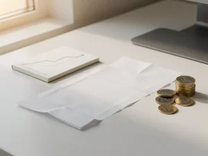Loonstrook met euromuntjes op een modern bureau naast een notitieblok met stijgende grafiek, in warm kantoorlicht.