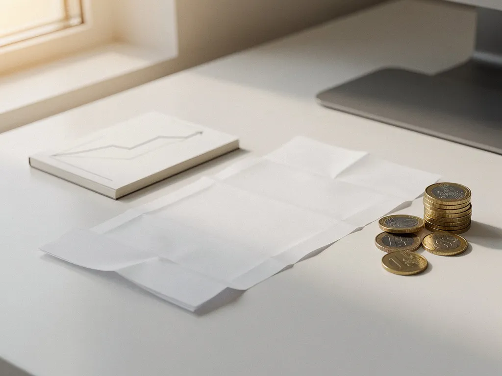 Loonstrook met euromuntjes op een modern bureau naast een notitieblok met stijgende grafiek, in warm kantoorlicht.