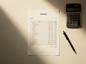 Loonstrook op modern bureau met rekenmachine en pen, zacht natuurlijk licht, bovenaanzicht.