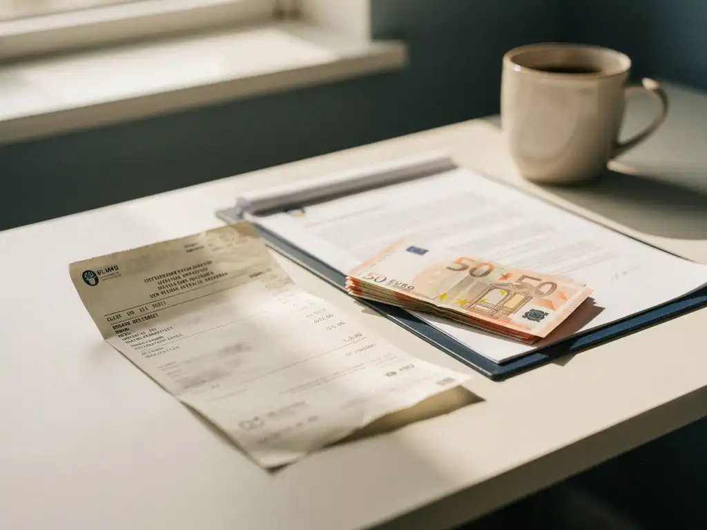 Nederlands loonstrookje met eurobiljetten en arbeidscontract op modern kantoorbureau in warm natuurlijk licht.