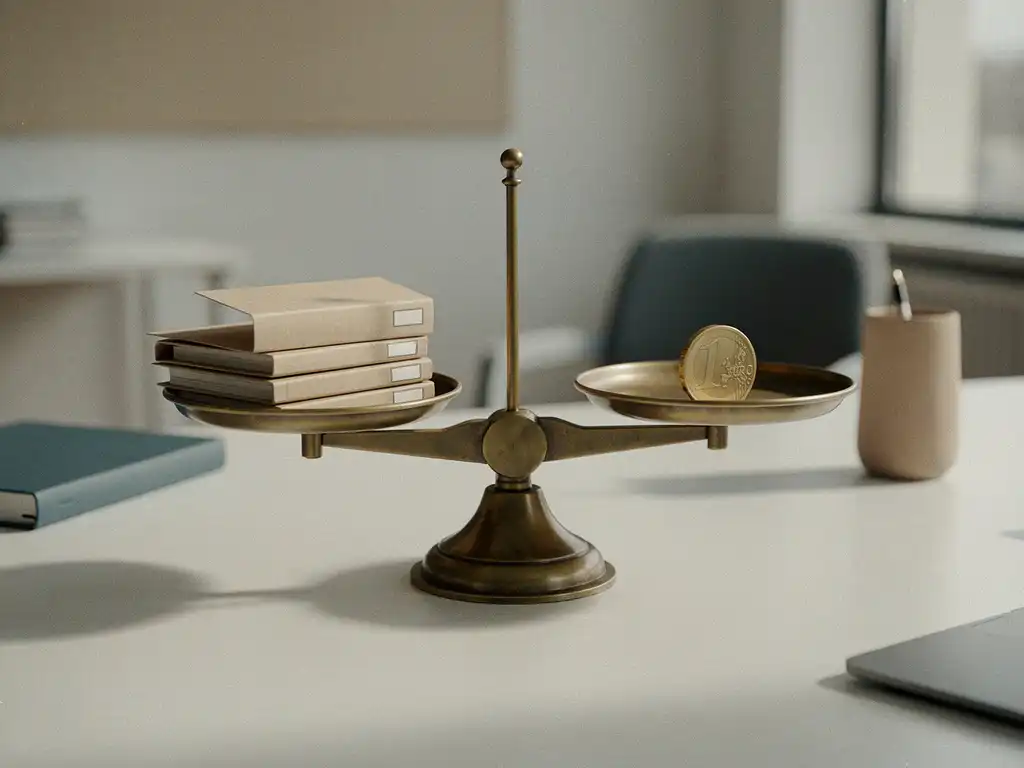 Vintage weegschaal op kantoorbureau met personeelsdossiers tegenover één euromunt, symboliseert loonkloof of personeelskosten.
