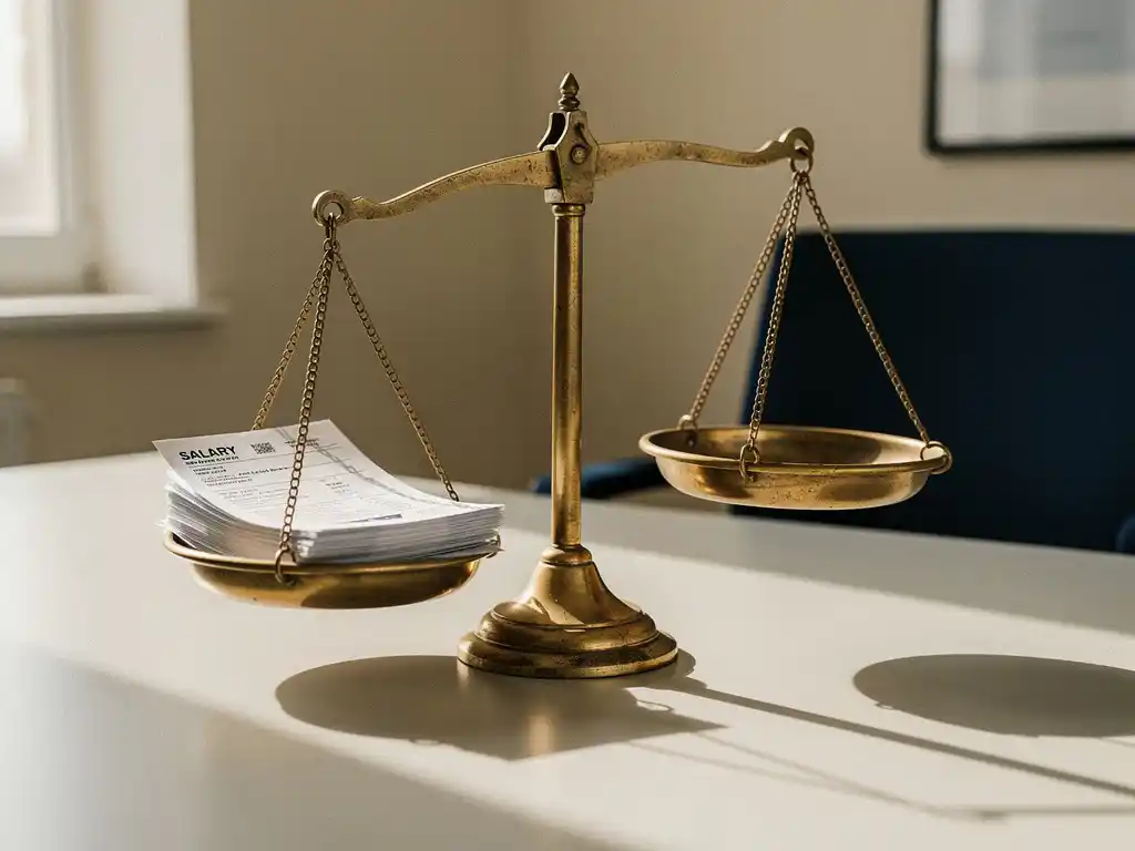Vintage messing weegschaal op modern bureau met salarisDocumenten op één schaal, symbool voor eerlijke beloning.