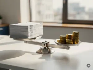 Balansweegschaal op modern bureau met arbeidscontracten en euromunten, symboliseert eerlijk loon en arbeidsrecht.