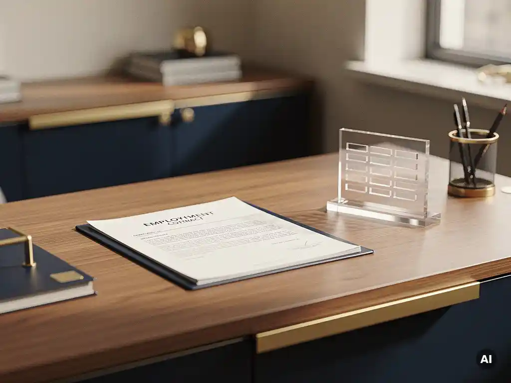 HR-consultant bureau met openliggend arbeidscontract en transparant salarisschaalmodel in warm, modern kantoor.
