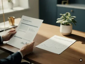 HR-consultant houdt salarisrapport vast aan opgeruimd bureau met spreadsheet, potplant en natuurlijk zijlicht.