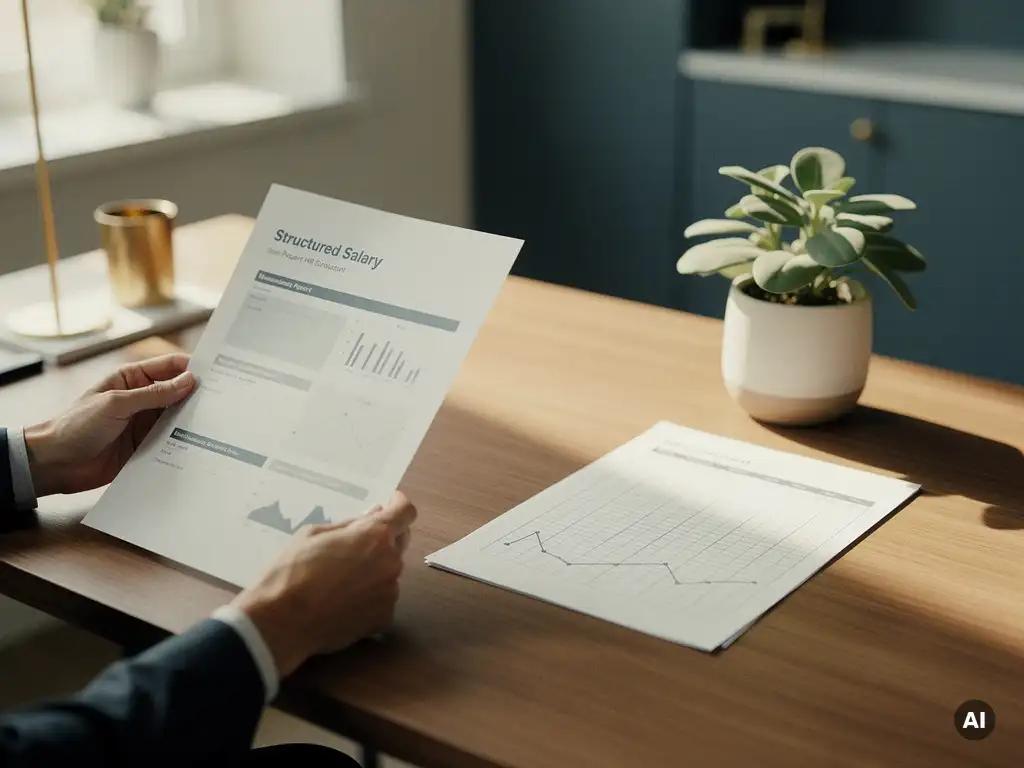 HR-consultant houdt salarisrapport vast aan opgeruimd bureau met spreadsheet, potplant en natuurlijk zijlicht.
