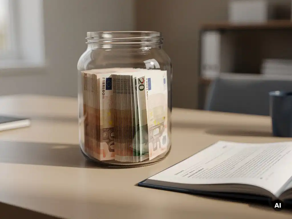 Glazen pot gevuld met loonstroken en eurobiljetten naast een arbeidscontract op een modern kantoorbureau.