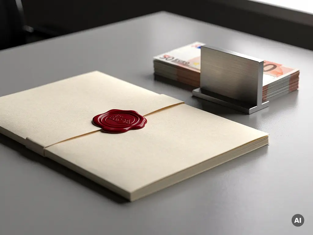 Officieel document met rood lakzegel op bureau, met eurobiljetten onder metalen presse-papier.