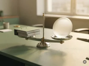 Evenwichtige weegschaal op modern bureau met personeelsdossiers, symboliseert transparantie in HR-besluitvorming, warm ochtendlicht.