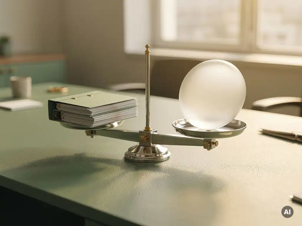 Evenwichtige weegschaal op modern bureau met personeelsdossiers, symboliseert transparantie in HR-besluitvorming, warm ochtendlicht.