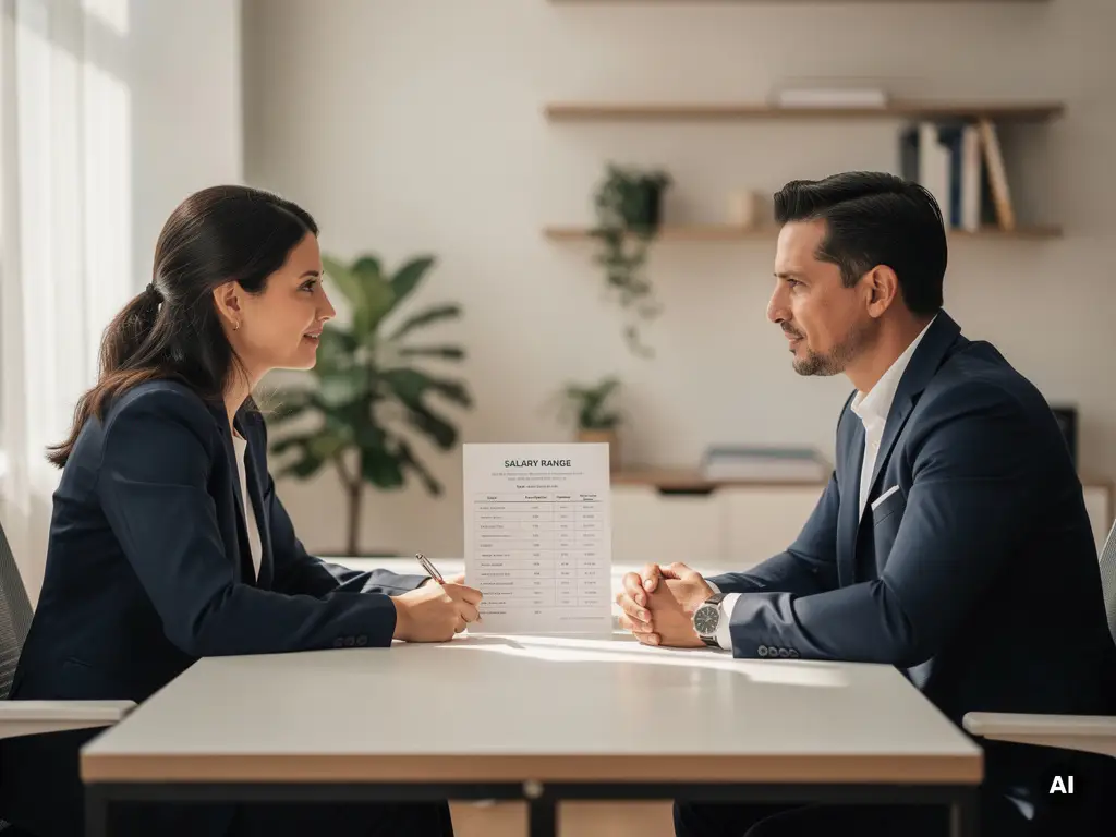 Sollicitant en hiring manager aan bureau met salarisoverzicht ertussen, transparant gesprek in modern kantoor met natuurlijk licht.