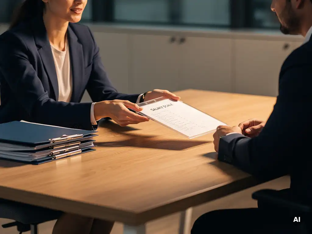 HR-consultant schuift transparant salarisschaal document over eiken bureau naar hiring manager, stapel kandidatenmappen op achtergrond.
