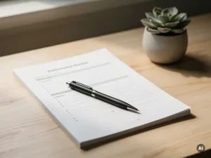 Ingevuld beoordelingsformulier op houten bureau met pen, klein vetplantje en zacht natuurlijk licht.