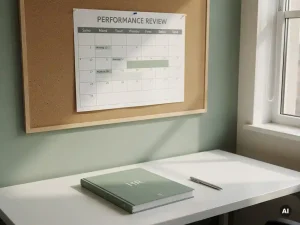Beoordelingskalender half gevuld op kantoorprikbord, met lege vergaderslots, HR-map en pen op wit bureau eronder.