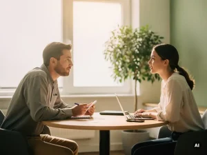 Twee collega's in gesprek aan een ronde tafel in een licht modern kantoor, één leunt voorover met een notitieboek.