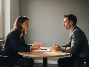 Professional in verzoenend gesprek met collega aan ronde vergadertafel, open handgebaar, warm kantoorlicht, notitieblok op tafel.