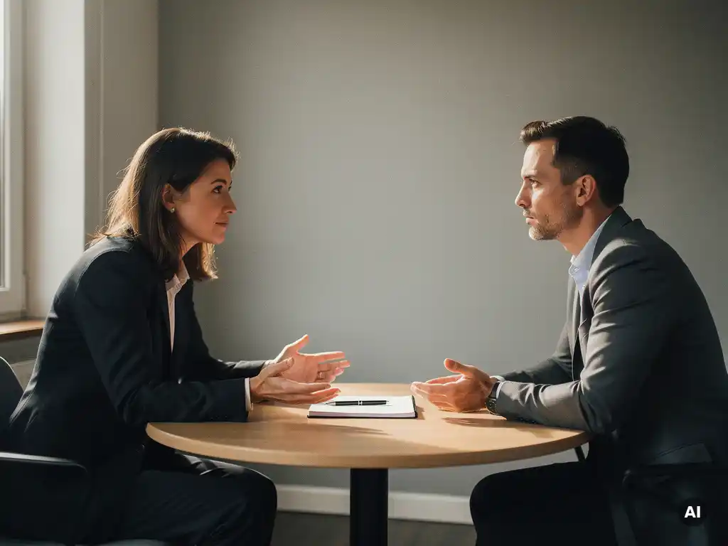 Professional in verzoenend gesprek met collega aan ronde vergadertafel, open handgebaar, warm kantoorlicht, notitieblok op tafel.