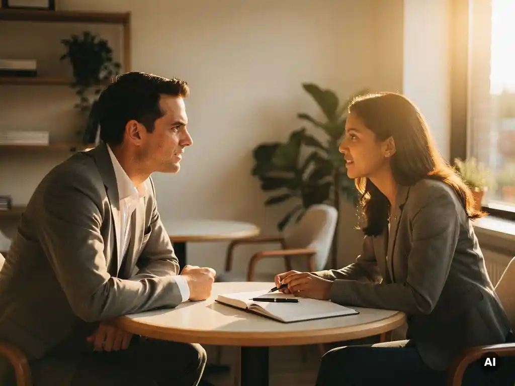 Manager en medewerker in gesprek aan een ronde tafel in een modern kantoor, met notitieboek en warme natuurlijke belichting.
