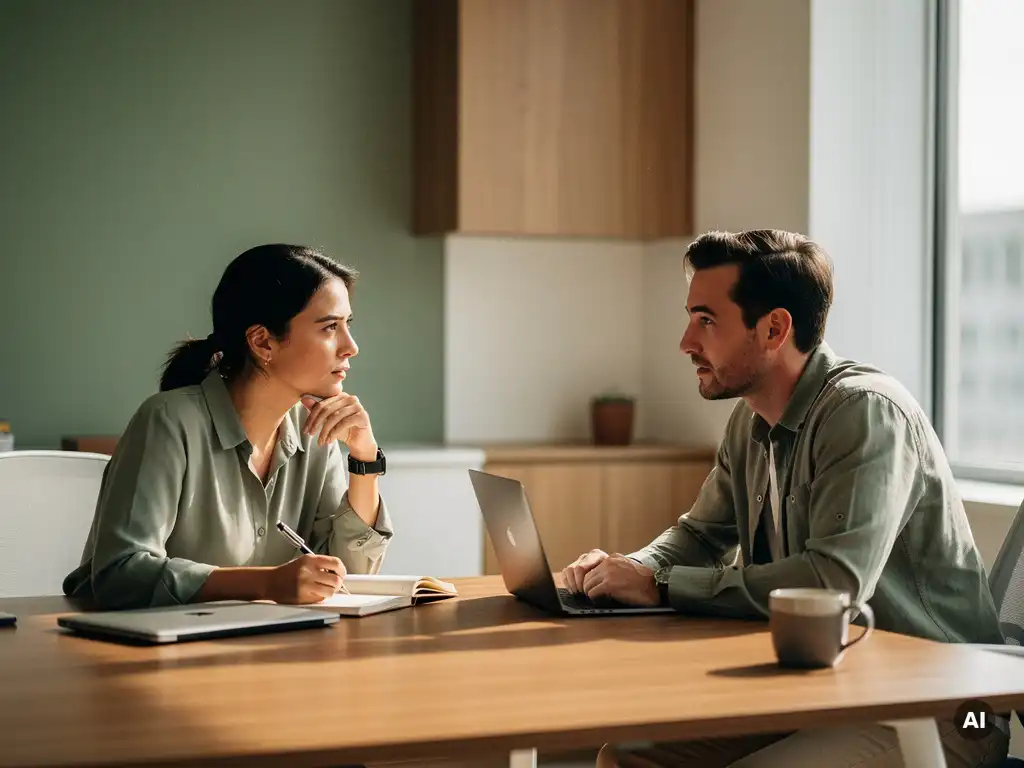 Twee professionals in gesprek aan een houten bureau in modern kantoor, één met notitieboek, warm natuurlijk licht.