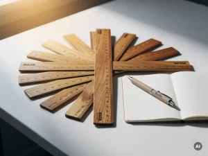 Houten meetlinialen in waaiervorm op wit bureau naast opengeslagen notitieboek met pen, warm zijlicht.