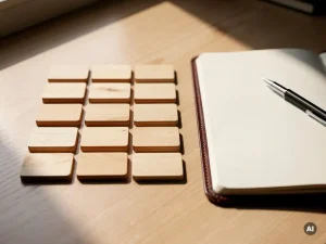 Twintig houten naamplaatjes in een rij op een lichte eiken tafel, naast een opengeslagen leren notitieboek met een pen.