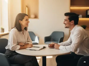 HR-consultant en medewerker in gesprek aan ronde tafel in modern kantoor, met notitieboek en dampende koffie.