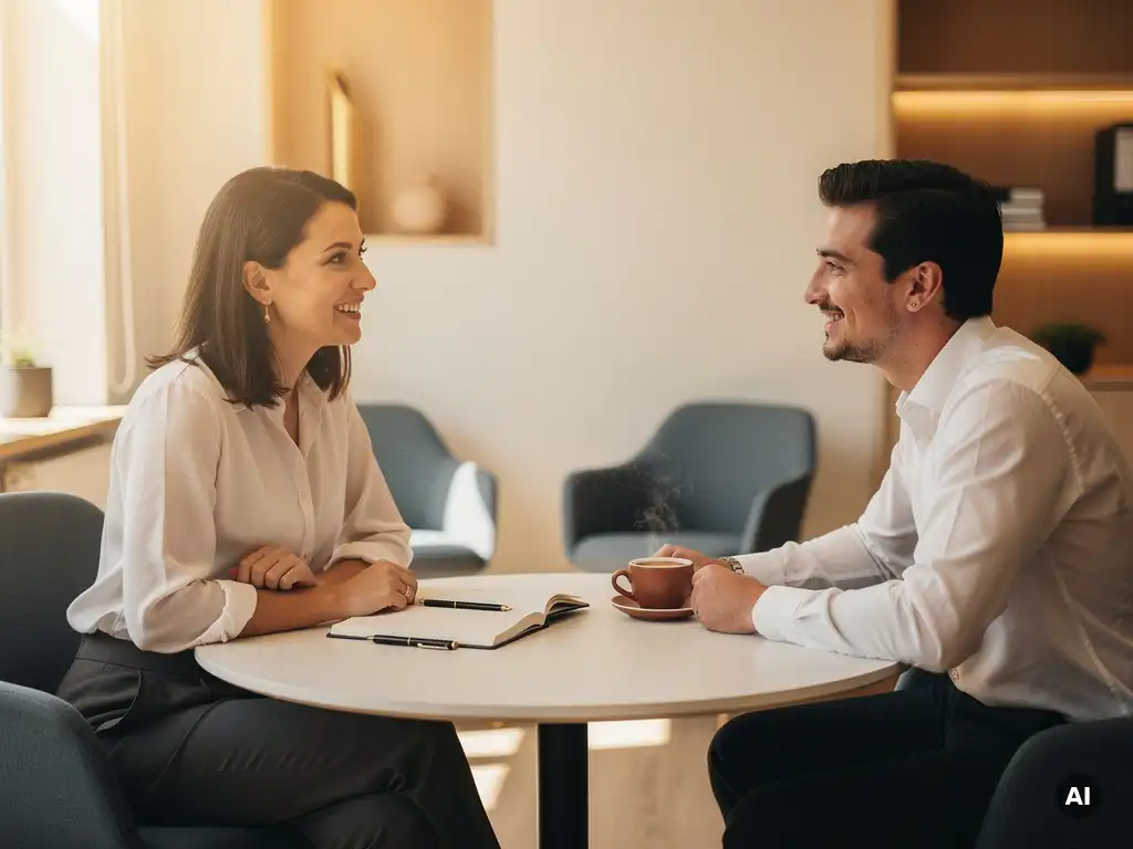 HR-consultant en medewerker in gesprek aan ronde tafel in modern kantoor, met notitieboek en dampende koffie.
