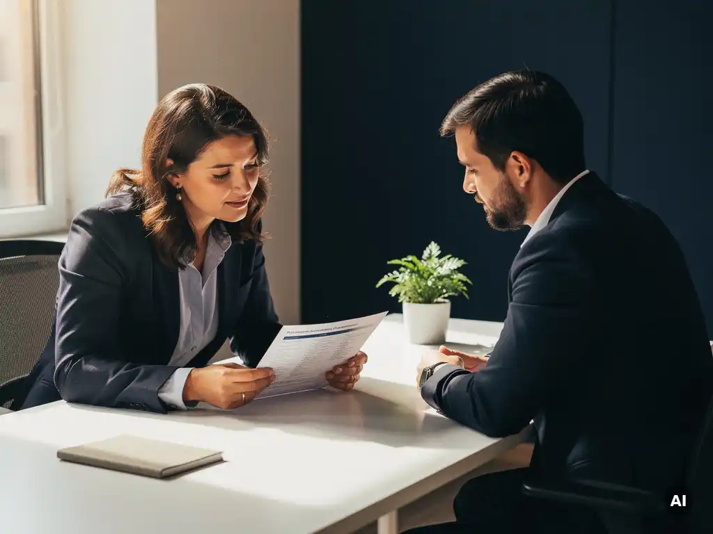 HR-consultant en medewerker bespreken document aan modern bureau in licht kantoor met plant en zachte natuurlijke belichting.
