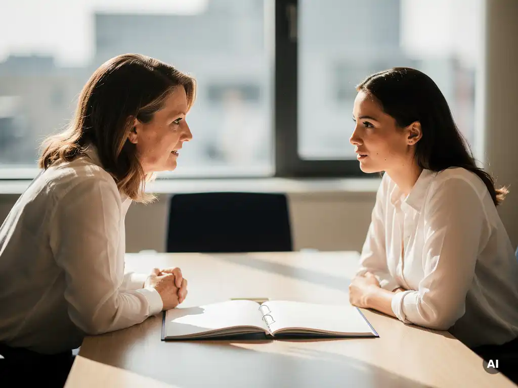 HR-consultant in gesprek met medewerker aan modern bureau met twee open mappen, warm natuurlijk licht.