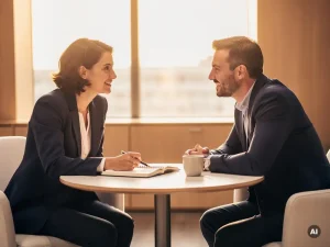 HR-consultant en medewerker in gesprek aan een ronde tafel in modern kantoor, met notitieboek en koffie, warm middaglicht.