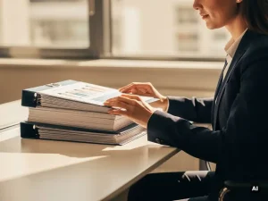 HR-consultant die een stapel prestatiemappen beoordeelt op een modern bureau, verlicht door warm natuurlijk raamlicht.