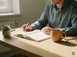 Professional bereidt jaarlijkse beoordelingsgesprek voor met notitieboek en koffie op licht eikenhouten bureau.