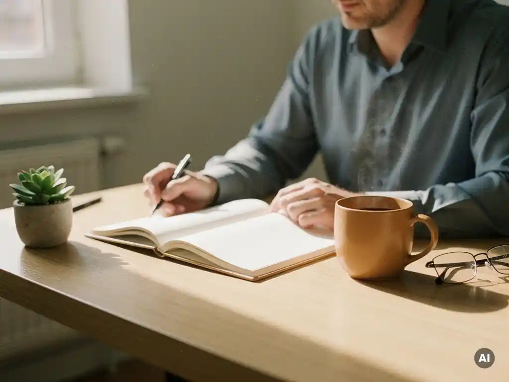 Professional bereidt jaarlijkse beoordelingsgesprek voor met notitieboek en koffie op licht eikenhouten bureau.