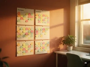 Wandkalender met gekleurde sticky notes verspreid over meerdere maanden in een warm, modern kantoor met natuurlijk zijlicht.