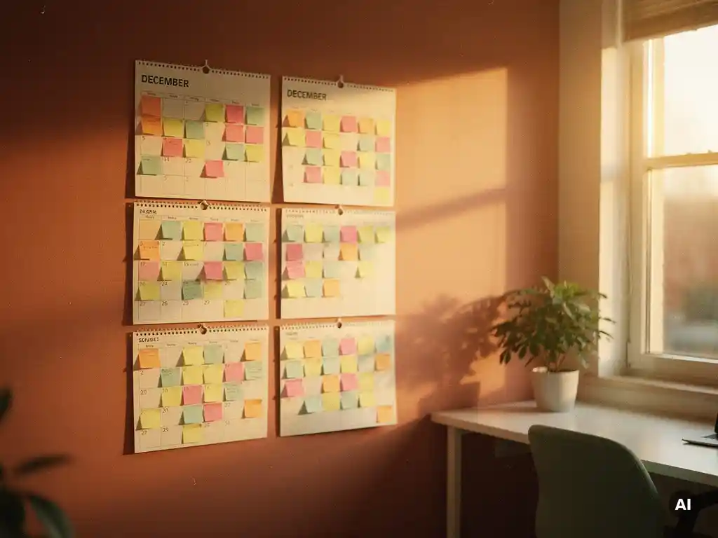 Wandkalender met gekleurde sticky notes verspreid over meerdere maanden in een warm, modern kantoor met natuurlijk zijlicht.