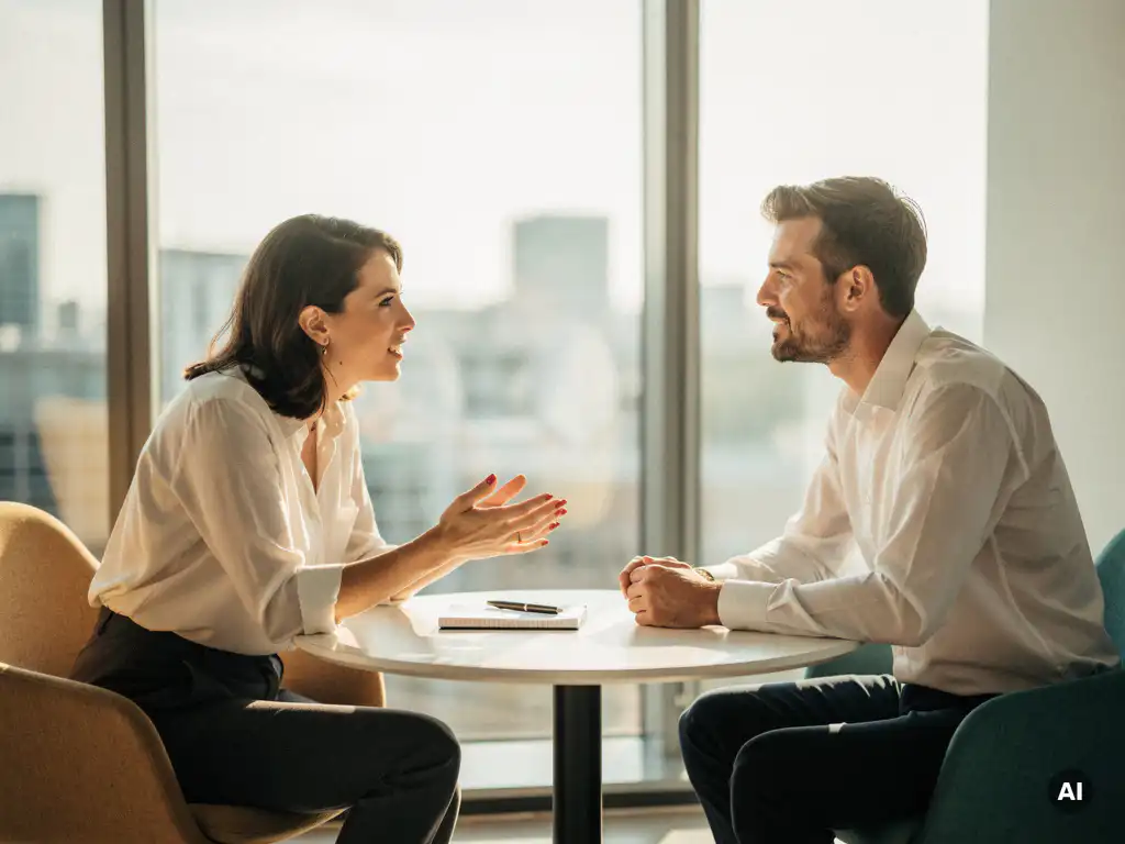 Twee collega's in gesprek aan een ronde tafel in een licht modern kantoor, met notitieblok en pen, warm natuurlijk licht.