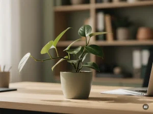Kamerplant op een opgeruimd bureau met één hangende tak, zachte raamverlichting en een wazige boekenkast op de achtergrond.