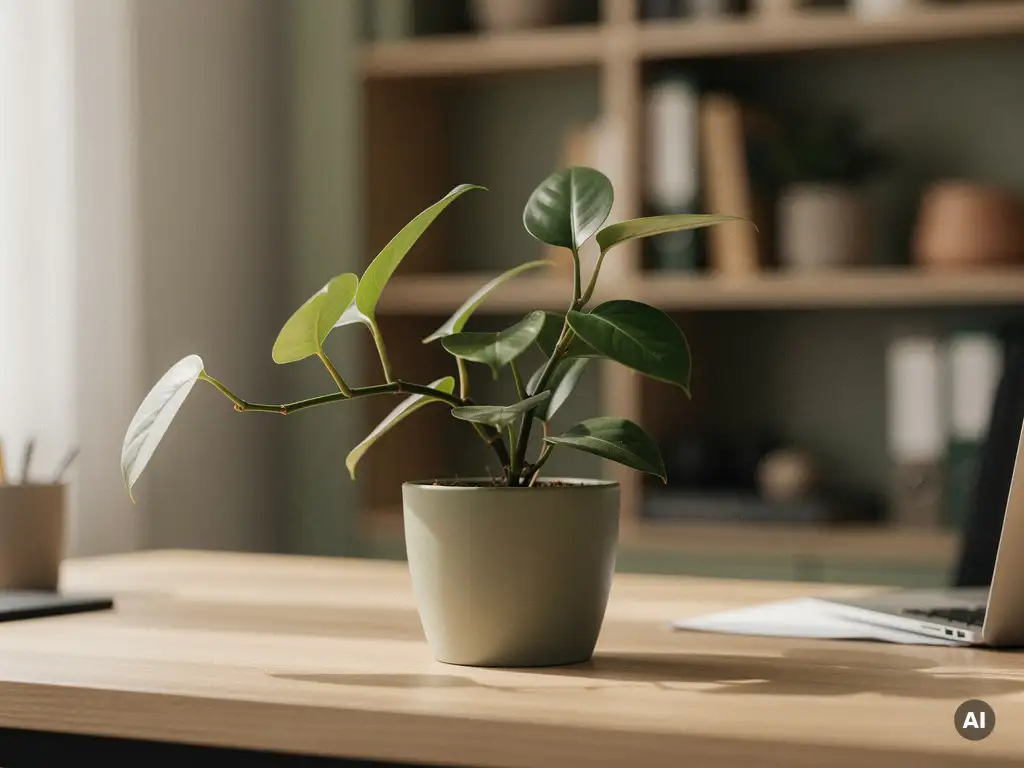 Kamerplant op een opgeruimd bureau met één hangende tak, zachte raamverlichting en een wazige boekenkast op de achtergrond.