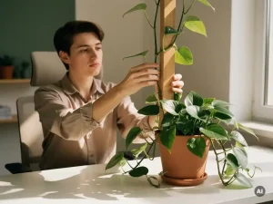 Jonge professional leidt klimplant langs houten stok op modern bureau in licht kantoor met terracotta en saliegroen tinten.