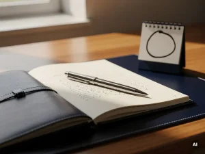 Opengeslagen leren notitieboek met handgeschreven actieplan en pen, naast bureaukalender met omcirkelde datum in warm kantoorlicht.