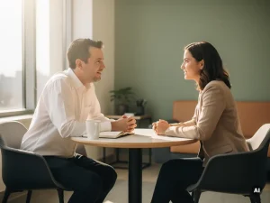 Manager en medewerker in gesprek aan een ronde tafel in modern kantoor, open notitieboek en betrokken lichaamstaal.
